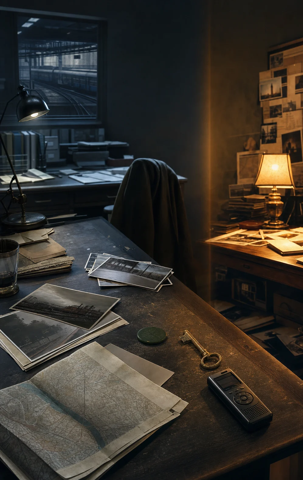 Two investigative desks, one lit in blue-grey and the other in warm amber.
