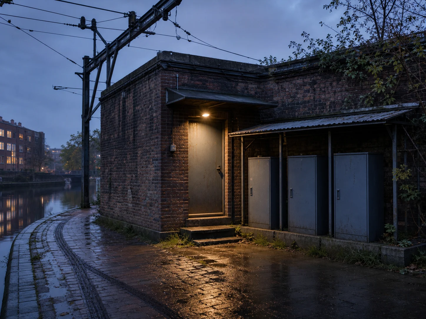 A secure relay station lit by amber desk lamps at night.
