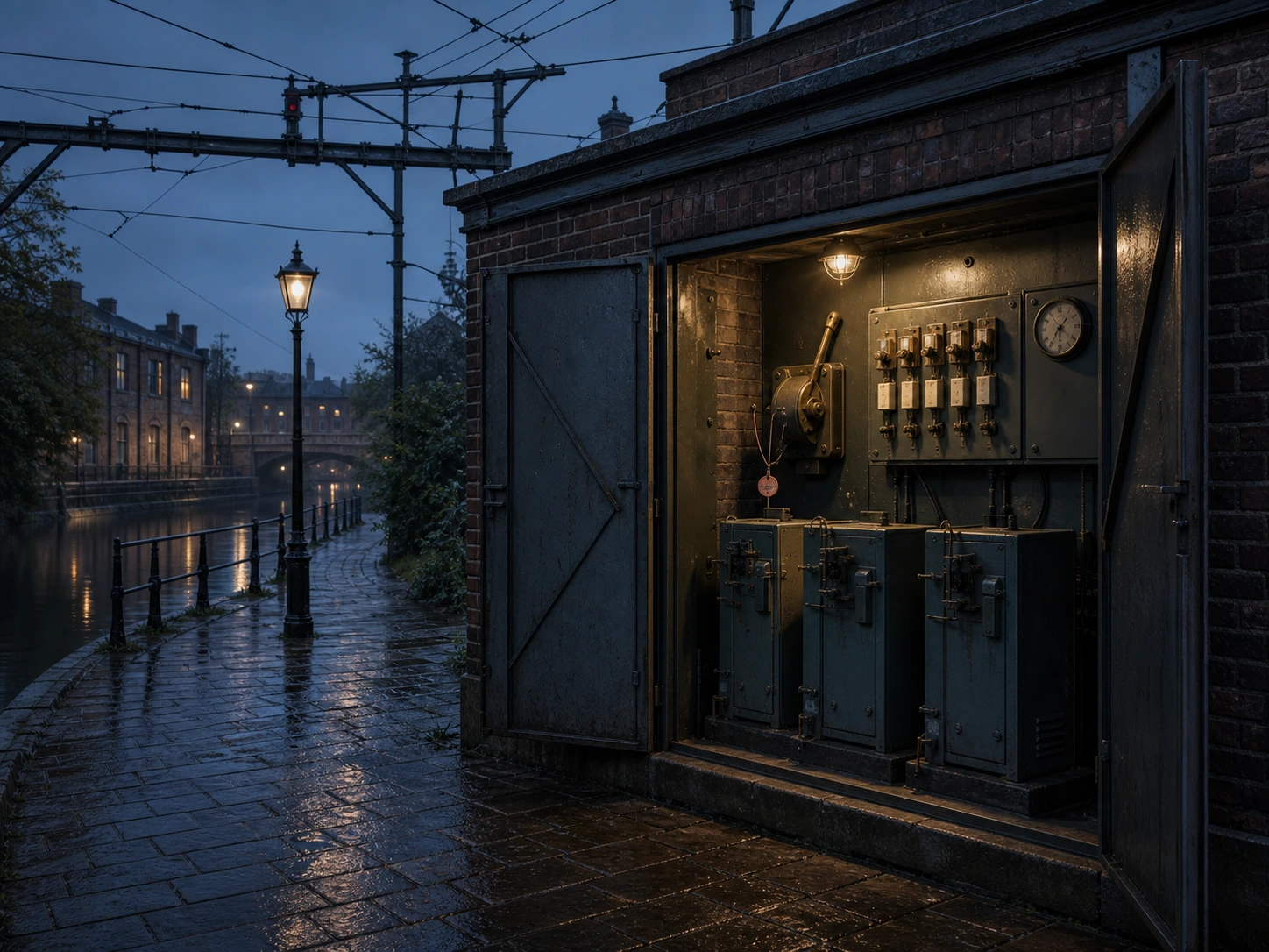 A rain-dark municipal signal depot beside a Brackenmere canal.