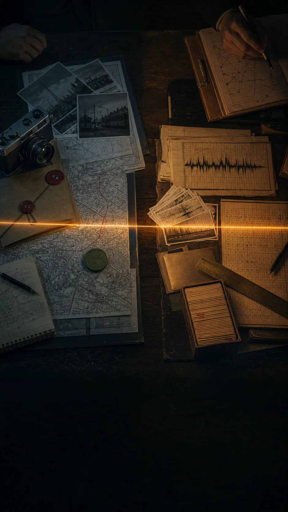 Two desks with different sets of evidence, joined by a thin amber line.